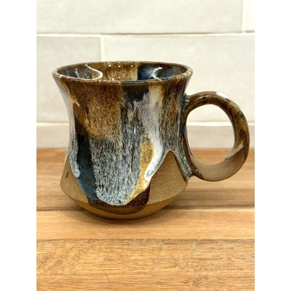 Brown White Blue Drip Glazed Stoneware Pottery Coffee Mug Signed Corky